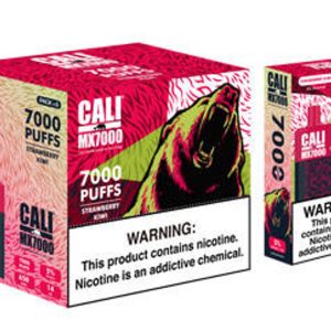 DESCRIPTION, Buy CALI MX7000 5% NIC 7000 PUFFS DISPOSABLE 14ML - 6CT DISPLAY.The Cali MX7000 Disposable Vape is a convenient and easy-to-use device designed for smokers looking for an alternative to traditional smoking. This disposable vape has a large battery capacity of 650mAh, ensuring you can enjoy up to 7000 puffs without having to recharge. The Type-C rechargeable feature also allows for quick and easy recharging, making it an ideal choice for people who are always on the go. The Cali MX7000 Disposable Vape is filled with 14ml of high-quality salt nicotine e-liquid, providing a smooth and satisfying vaping experience. With a 5% nicotine strength, the Cali MX7000 Disposable Vape offers a strong nicotine hit that will help you curb your cravings and keep you satisfied. The Cali MX7000 Disposable Vape is available in a variety of flavors, including Blue Raspberry, Frozen Banana, Frozen Grape, Mango, Mighty Mint, and Watermelon. Each flavor is carefully crafted to provide a unique and delicious taste, making it easy for you to find your perfect vape juice. Cali MX7000 Disposable Vape Specifications: